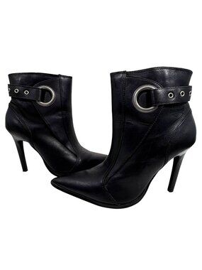 Harley Davidson Black Leather High Heel Ankle Boots Womens SZ 8 Silver Buckle
